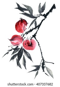 Watercolor And Ink Illustration Of Peach Tree. Gohua, Sumi-e, U-sin Painting. 