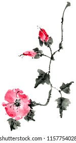 Watercolor And Ink Illustration Of Red Flower With Buds, Sumi-e And U-sin Oriental Painting