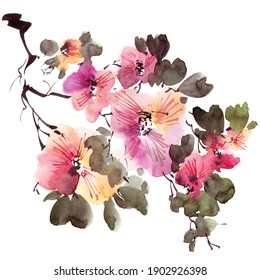 Watercolor And Ink Illustration Of Tree Branch In Bloom - With Flowers, Buds And Leaves. Oriental Traditional Painting In Style Sumi-e, U-sin And Gohua.