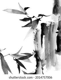 Watercolor and ink illustration of tree branch and abstract grunge strokes - grayscale drawing on white background. Oriantal traditional painting in style sumi-e or gohua.