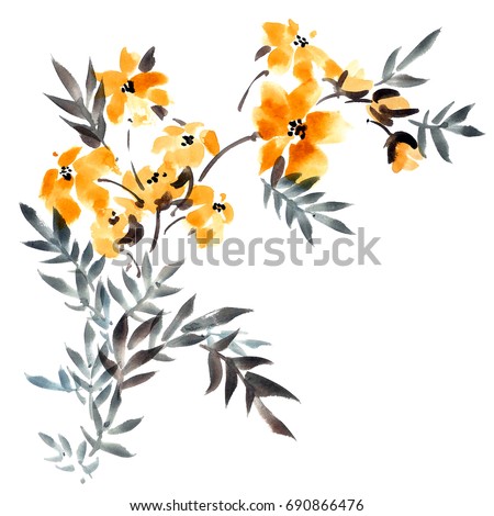 Watercolor and ink illustration of yellow flowers with leaves bouquet. Sumi-e, u-sin painting.