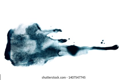 Watercolor Or Ink Indigo Color Blot Or Spot Texture. Wet Stains Fluid With Dripping Drops. Abstract Hand Painting Fluidity Smudge Background Isolated On White.