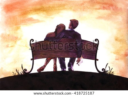 Watercolor and ink  painting of love couple on bench watching orange and pink sunset  sky and clouds, woman leaned on the smoking man 
