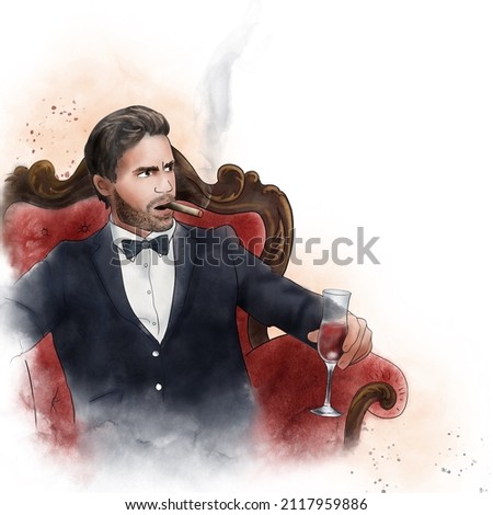 Watercolor ink sketch enneagram type character Challenger; rich handsome man boss sitting in a beauiful rad chair with wine smoking.  Stock photo © 