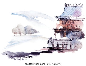 Watercolor And Ink Sketch - Illustration Of Old Building In Landscape, Oriental Traditional Sumi-e Painting