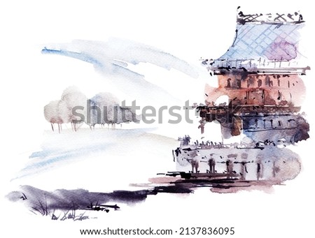 Watercolor and ink sketch - illustration of old building in landscape, oriental traditional sumi-e painting