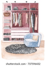 Watercolor interior illustration of wardrobe, blue armchair and fur rug.