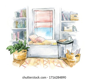 Watercolor Interior Sketch, A Cozy Window Seat With Bookshelves On The Side