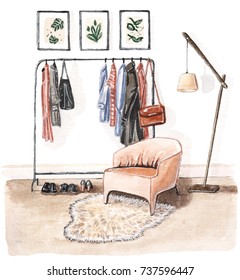 Watercolor interior sketch of stylish wardrobe. Rack, pink armchair, fur rug, floor lamp, wall posters.
