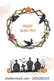 Watercolor invitation to a Halloween party. Hand painted illustration with black crows, cemetery tombstone, trees, skull, wreath, terrifying pumpkins and space for text. Back black and white striped 