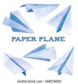 Watercolor Isolated Blue Paper Plane Set With Lettering