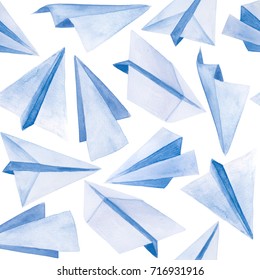 Watercolor Isolated Blue Paper Plane Set Pattern On White Background