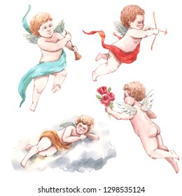 Watercolor Isolated Illustration Of Flying Cute Angel, Cherub, Putti