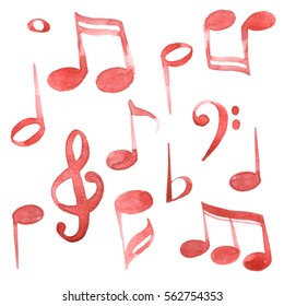 Watercolor Isolated Red Ink Music Notes And Keys Set