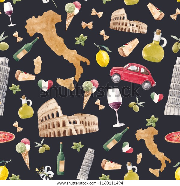 Watercolor Italian pattern, italy map, Colosseum and\
Pisa tower, red retro car Fiat, pizza, olives and lemon,\
attractions. heart italian\
flag