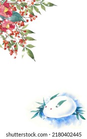 Watercolor Japanese Cameliaflowers And Snow Rabbit