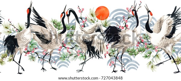 watercolor Japanese Crane Birds seamless pattern wallpaper mural.. 
