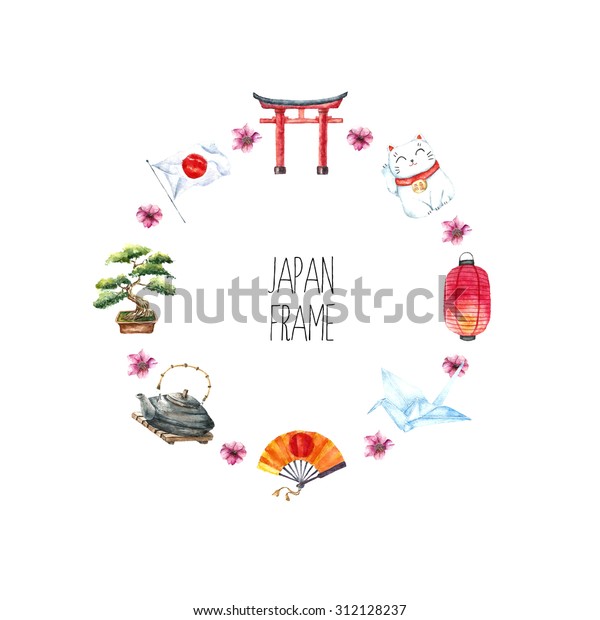 水彩日本の枠 日本の物を手描きの丸い枠 鳥居門 折り紙鳥 日本の国旗 猫 提灯 盆栽 のイラスト素材