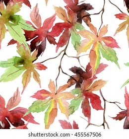 Watercolor japanese maple leaves seamless pattern  Fall maple branch background  Hand painted autumn illustration