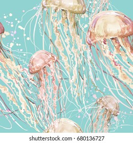 Watercolor Jellyfish Seamless Pattern