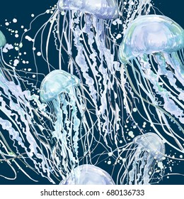 Watercolor Jellyfish Seamless Pattern