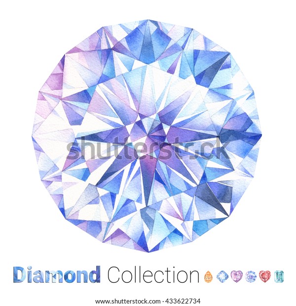 水彩宝石セット 手描きの水彩ダイヤモンド 白い背景に高級オブジェクト 青い色の宝石 丸ダイヤモンドカット のイラスト素材