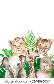 Watercolor Jungle Animals Frame Perfect for Baby Shower Cards, Safari Ornament 