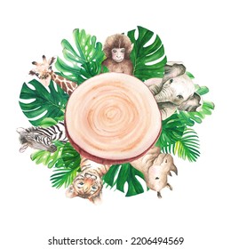 Watercolor Jungle Animals Wood Slice Frame Clipart, Safari Bay Shower, Birthday Invitation, Wild One Print