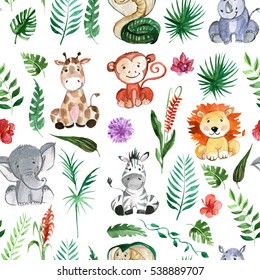 Watercolor Jungle Friends Animals, Africa, Tropical Leaves