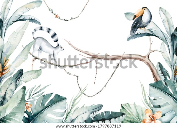 白い背景にキツネザルとツーカンの水色のジャングルイラスト マダガスカル動物園エキゾチックなレマーズ動物 熱帯のデザインポスター のイラスト素材