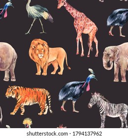 Watercolor jungle, safari animals summer seamless pattern. Watercolor giraffe, elephant. Zebra and tiger illustration isolated on black background