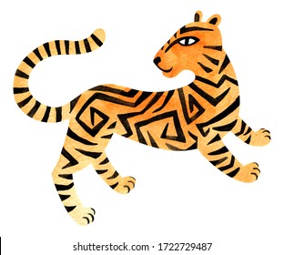 Watercolor jungle tiger isolated on white. Hand painted exotic animal illustration. Cartoon tiger.