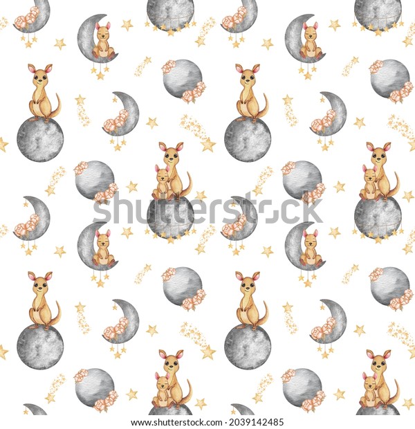 Watercolor\
Kangaroo and moon seamless pattern, sweet dreams pattern, baby\
background, nursery, kids, moon with\
flowers