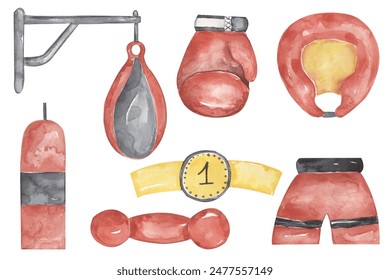 Watercolor kickboxer elements illustration, helmet, boxing glove, gold medal, punching bag and kickboxer shorts clipart set