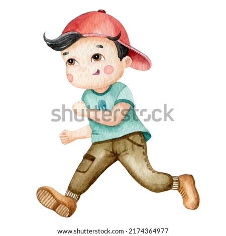 Watercolor kid, playing kid, primary school kid, cute boy running