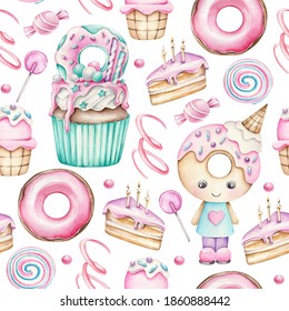 Watercolor Kids Birthday Pattern.Birthday Cupcake,cake With Candles,ribbon,candy,lollipop,doughnut Toy.Children Wallpaper