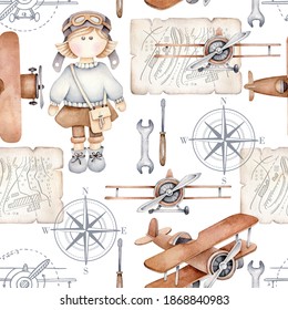 Watercolor Kids Pattern.Retro Aviation.Cartoon Planes,pilot,map,drawing,tools.Vintage Ornament For Children.Wallpaper,wrapping Paper Design