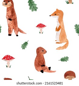 Watercolor kids seamless pattern cartoon otter, weasel, mushrooms fly agaric, porcini, oak leaves. Hand drawn illustrations. For fabric, textile, background, baby shower, scrapbooking