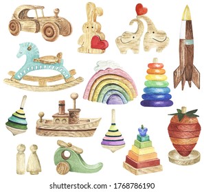 Watercolor Kids Toys Clipart. Wooden Toys Clipart. Baby Shower DIY. Nursery, Kids Room Decor. Eco-friendly Materials Child Toys.