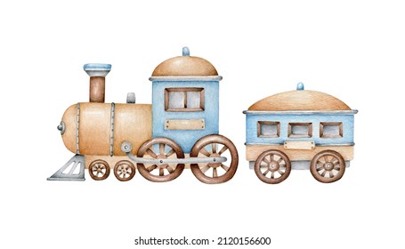 Watercolor Kids Train.Vintage Train.Wooden Train.Toy.