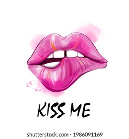 Watercolor Kissing Pink Passionate Lips Kiss Stock Illustration ...