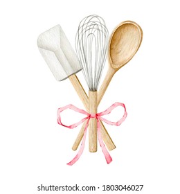 Watercolor kitchen utensils clipart for bakery decoration. Isolated elements on white background