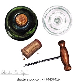 Watercolor Kitchenware Clipart - Cork Screw, Empty Glass And Bottle Of Wine - Top View 