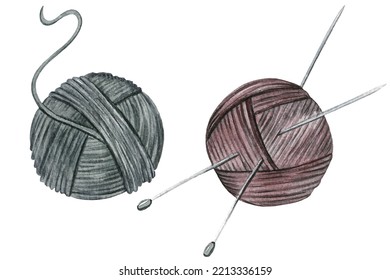 Watercolor Knitting With A Ball And Knitting Needles