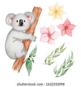 Watercolor Koala Animal Clipart. Baby Bear, Greenery Anf Florals In Neutral Color Clip Art. Baby Shower, Birthday Party, Nursery Art PNG Files DIY. Cute Forest Animal Sitting On The Tree Set. 