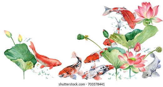 Watercolor Koi Carp And Lotus Flower Illustration.