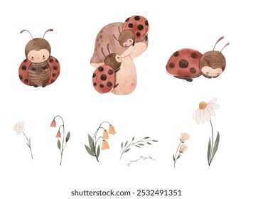 Watercolor ladybug, flowers illustration for kids