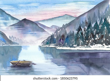 Watercolor Landscape Abkhazian Mountains And Ritsa Lake On A Cloudy Foggy Day. Empty Boat With Oars On The Water, Pink Sunset In The Sky. Dark Pine Forest And Snowy Shore.