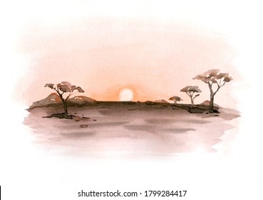 Watercolor landscape: african desert sunrise. Hand painted nature view with Acacia trees. Beautiful safari scene for wedding invitation pre-made card design.