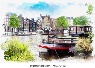 watercolor landscape of Amsterdam,Nederland, scenery town on watercolor paper texture background.